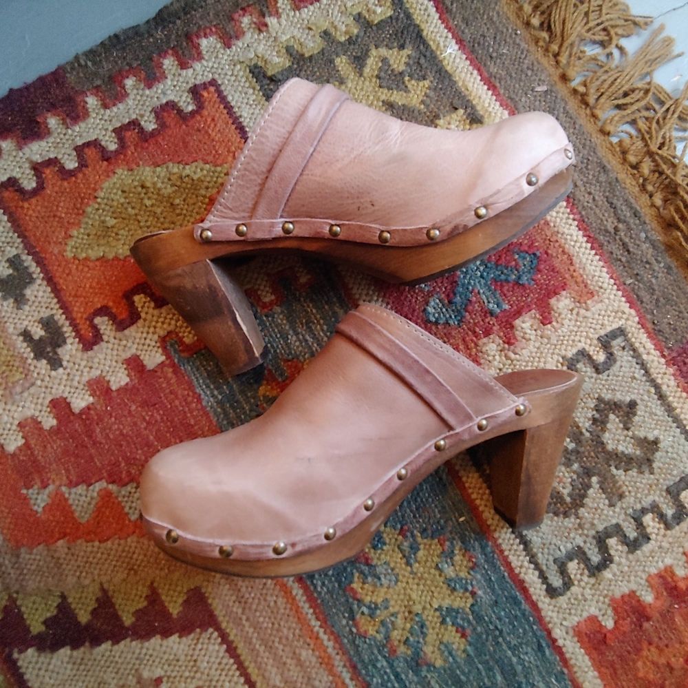 Sanita Pink Leather Mules with Brown Wooden Heel